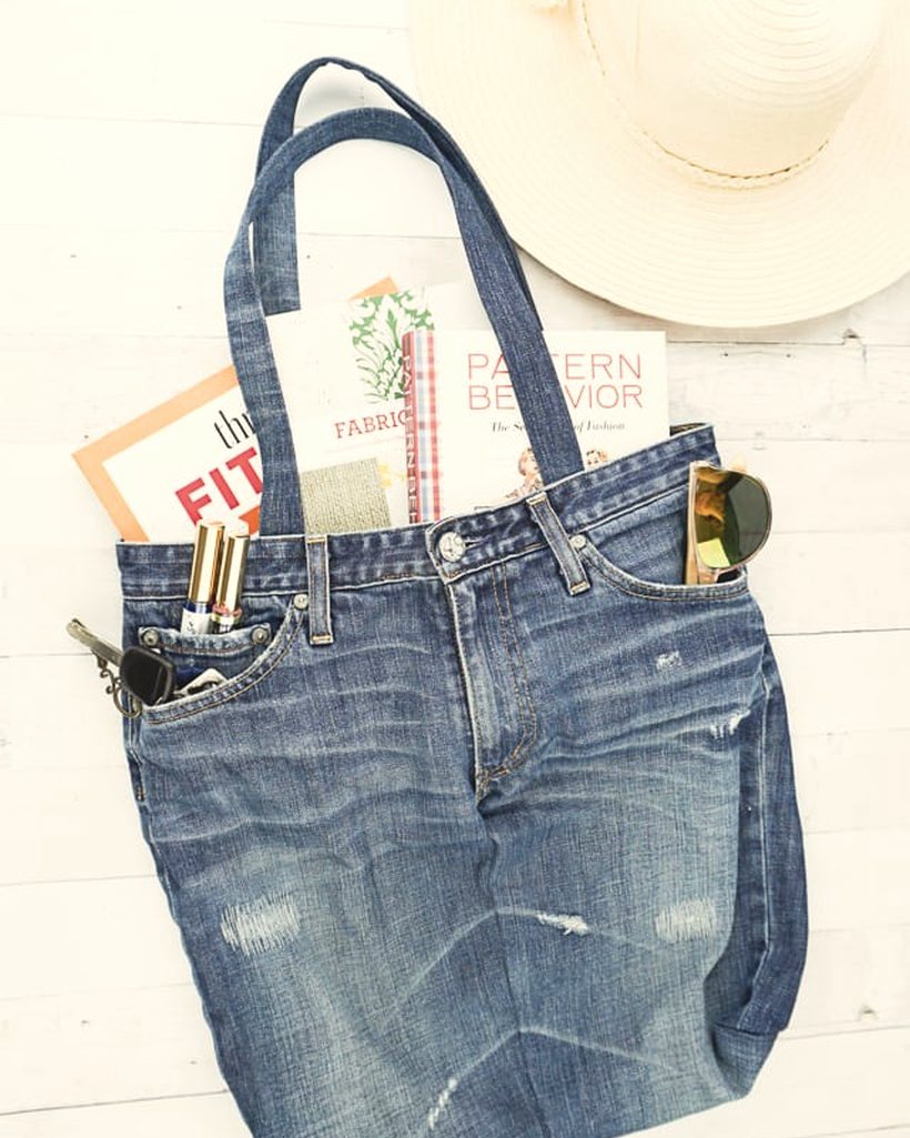 A handmade bag sewn from repurposed denim