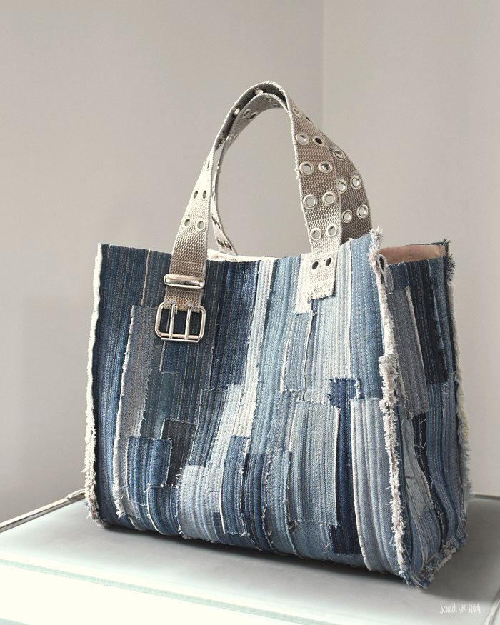 A handmade tote bag made from patterned fabric